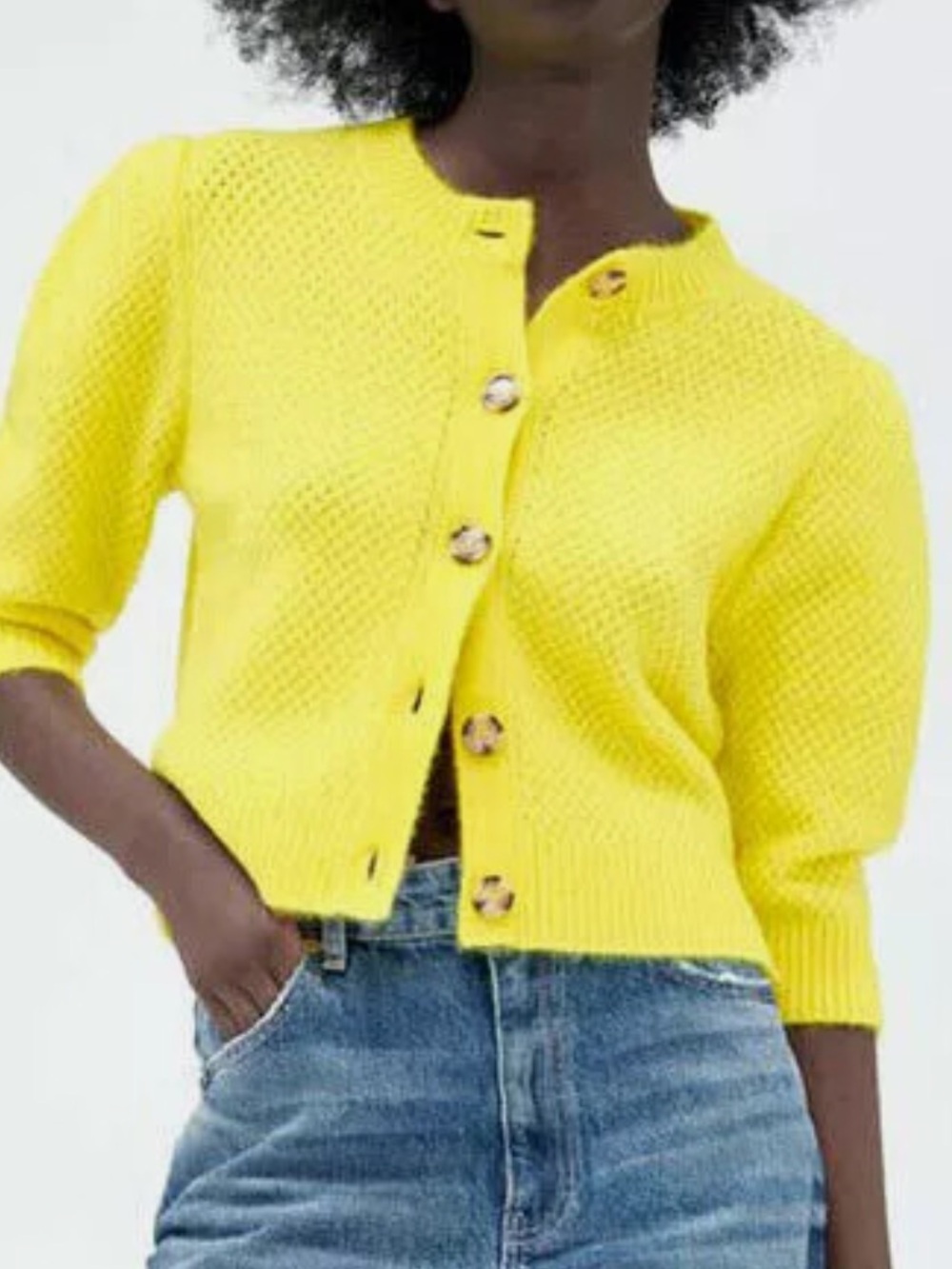 Zara Bright Yellow Puff Sleeve Button Down Textured Cardigan Size Medium